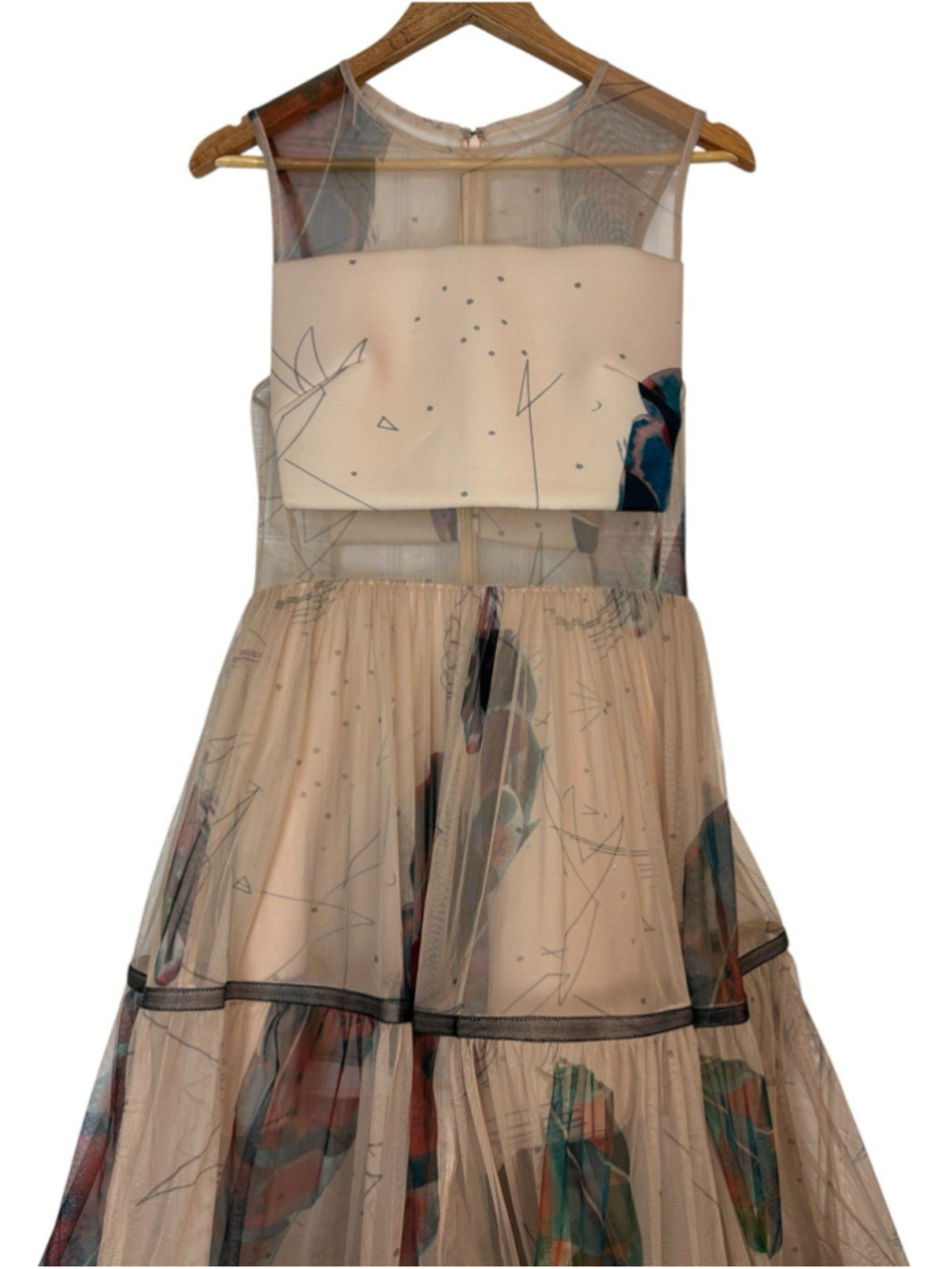 RARE Gauri & Nainika x KOOVS Dress Beige Mesh Tiered Maxi Gown Cutout Print XL - Picture 10 of 12